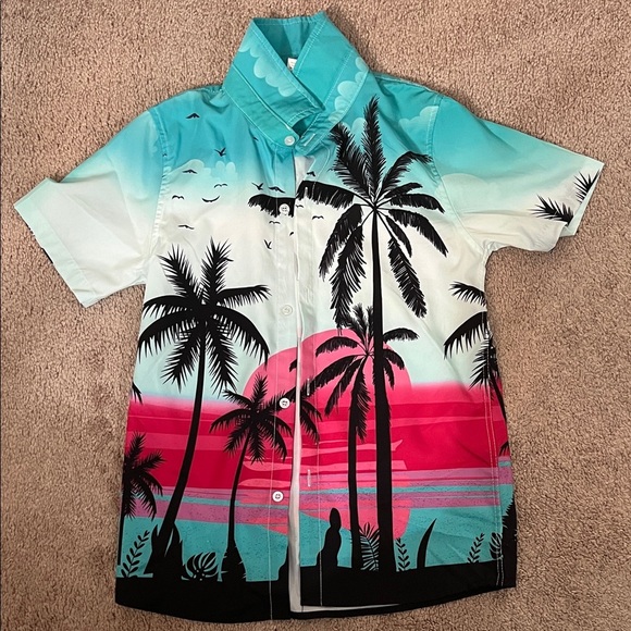 Boys Tropical Palm Tree Hawaiian Button-Up Shirt - Picture 1 of 3